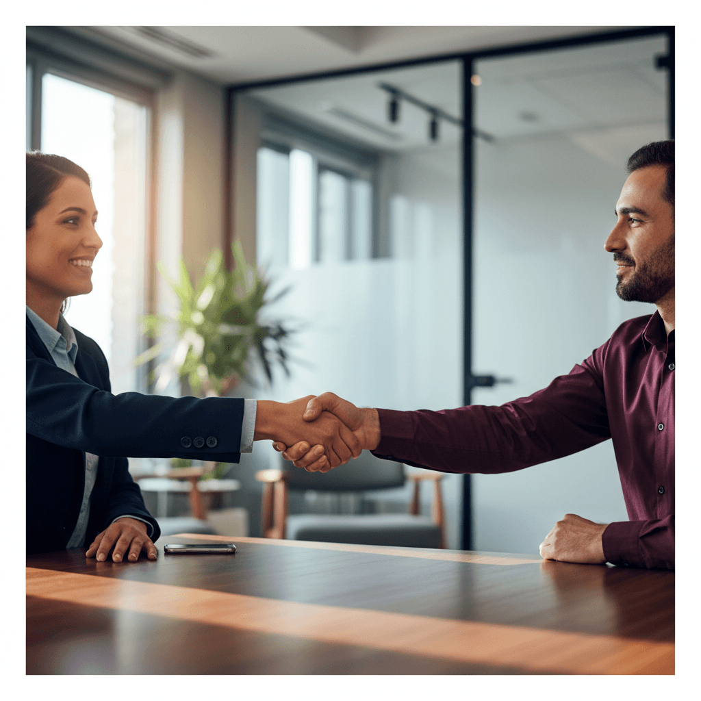 Two professionals shaking hands in an office setting
