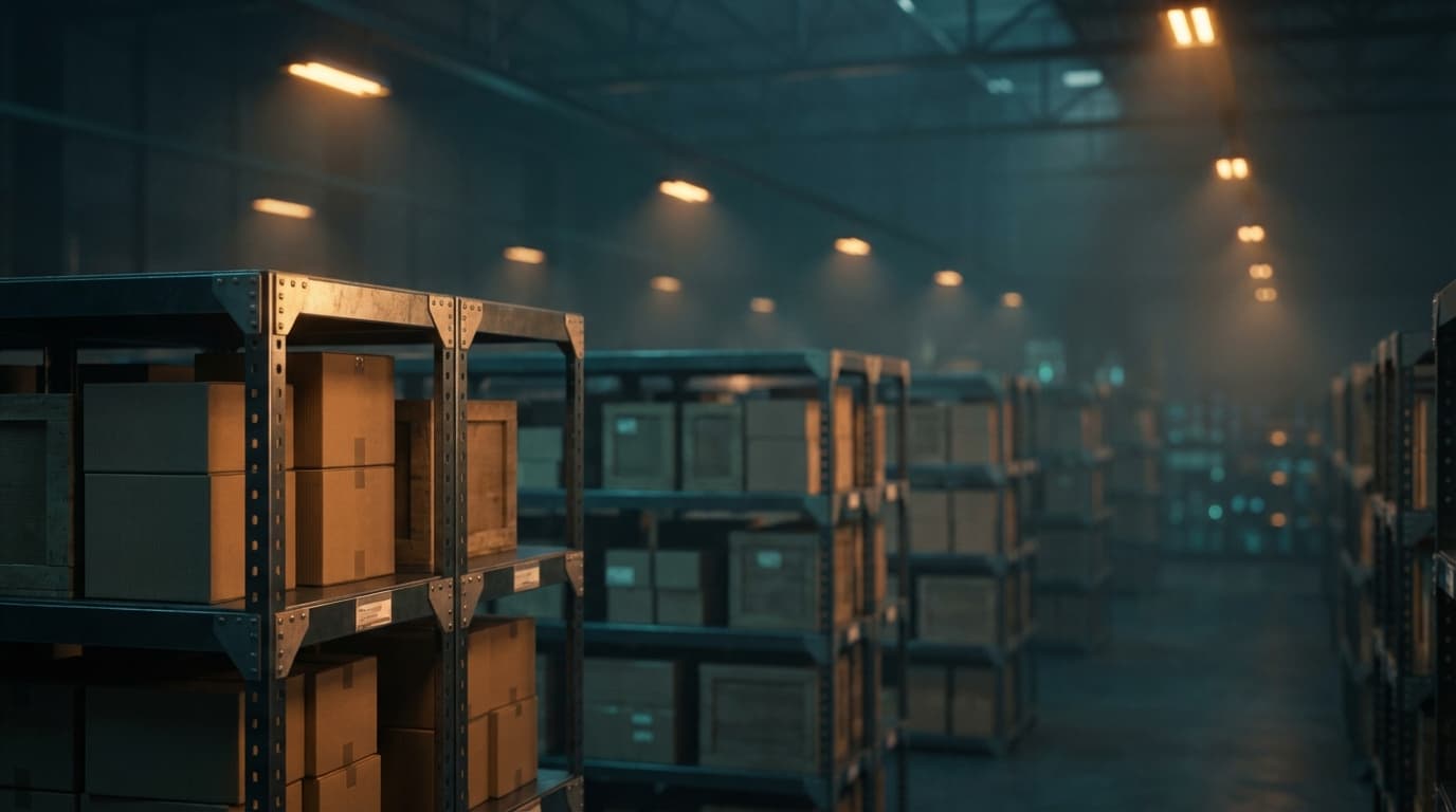 Organized warehouse shelving with branded products ready for distribution